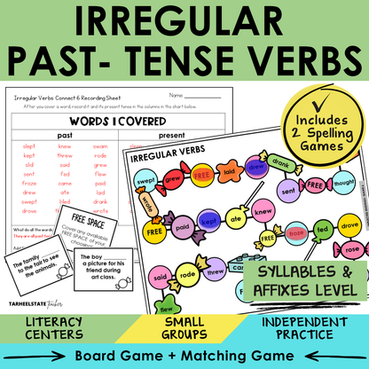 Educational materials for teaching irregular past tense verbs with games and worksheets.