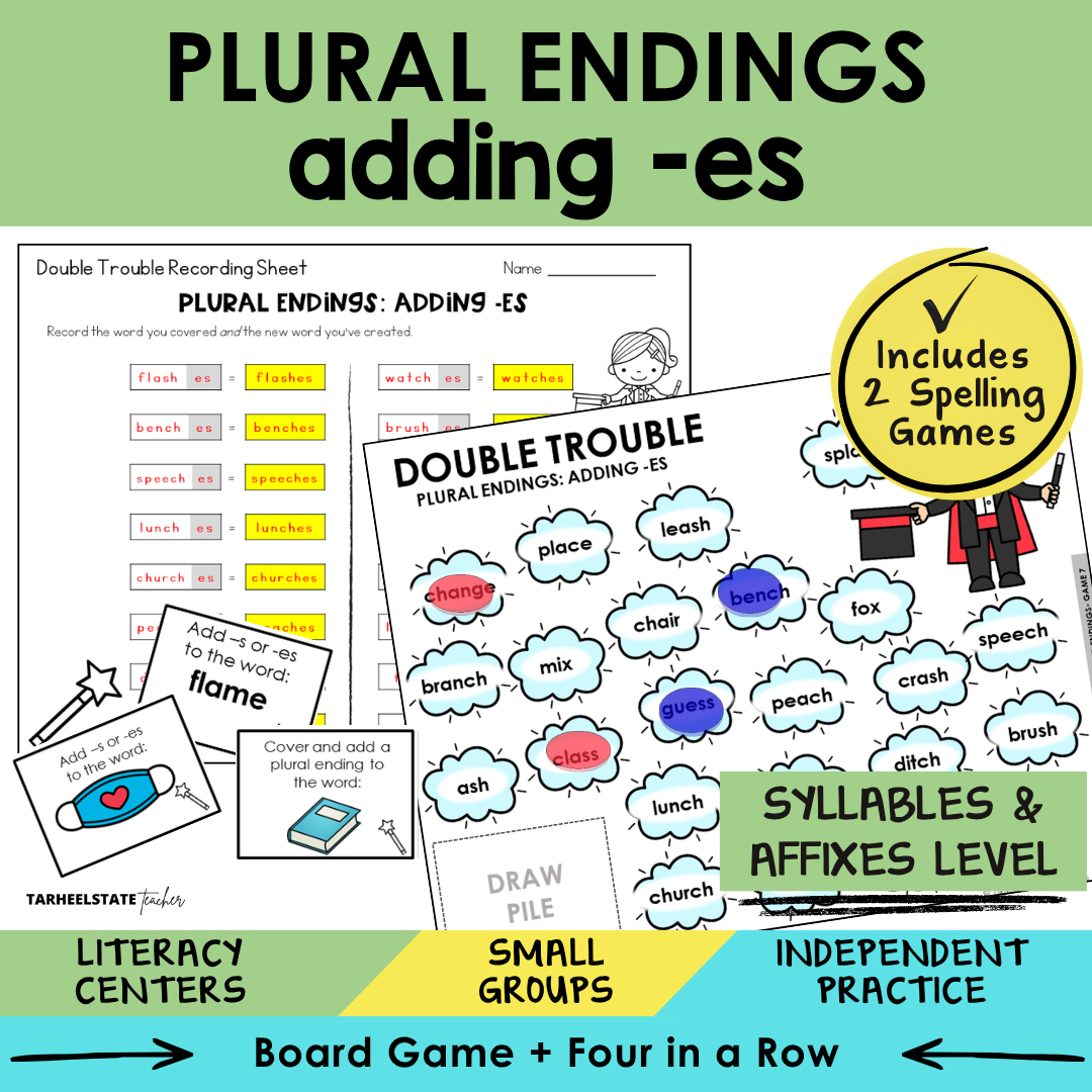Educational materials for teaching plural endings with 'es' including worksheets and games.
