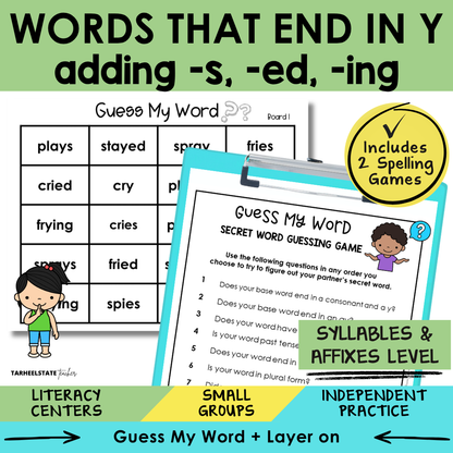 Educational materials for teaching spelling and word endings with a focus on syllables and affixes.