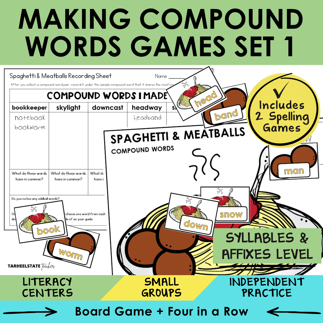 Educational materials for teaching compound words with game cards and a recording sheet.