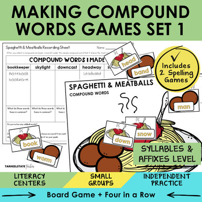 Educational materials for teaching compound words with game cards and a recording sheet.