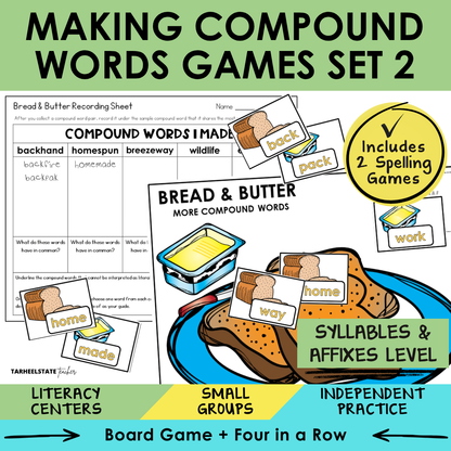 Educational materials for making compound words with a focus on spelling games and literacy centers.