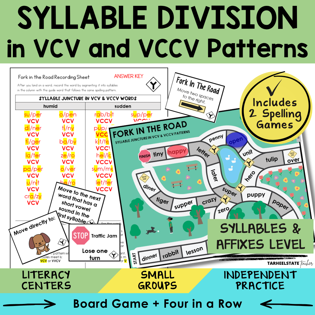 Educational materials for teaching syllable division in VCV and VCCV patterns with a game board and cards.
