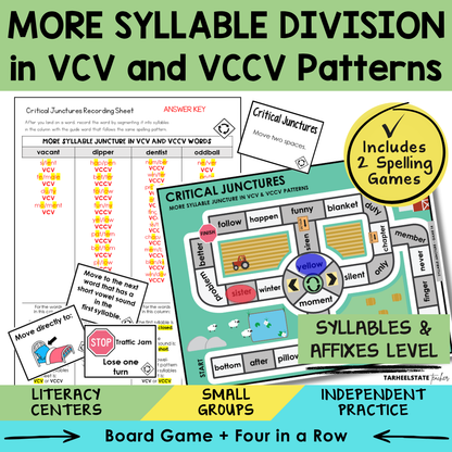 Educational materials for teaching syllable division in VCV and VCCV patterns with games and activities.