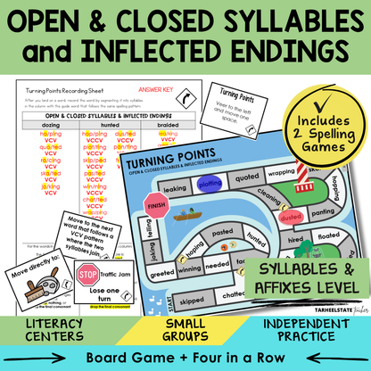 Educational materials for teaching open and closed syllables and inflected endings with a game board and cards.