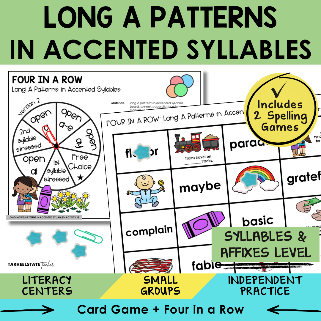 Educational materials for teaching long A patterns in accented syllables with games and activities.