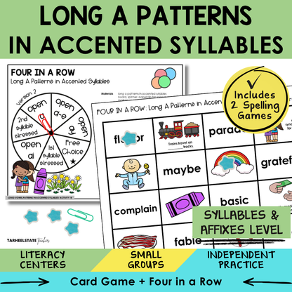 Educational materials for teaching long A patterns in accented syllables with games and activities.
