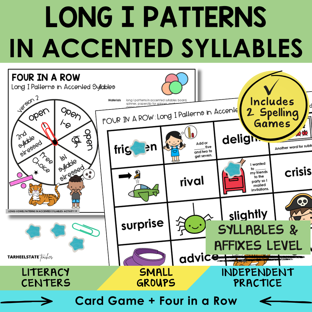 Educational materials for teaching long I patterns in accented syllables with games and activities.