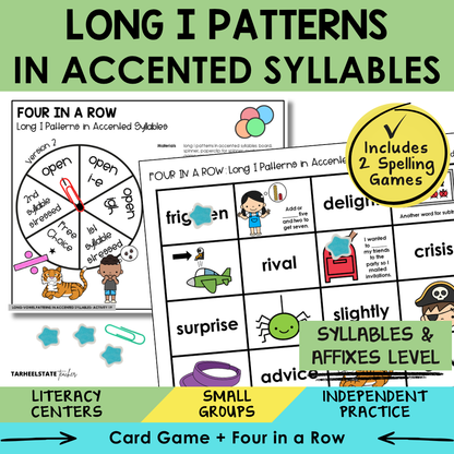 Educational materials for teaching long I patterns in accented syllables with games and activities.