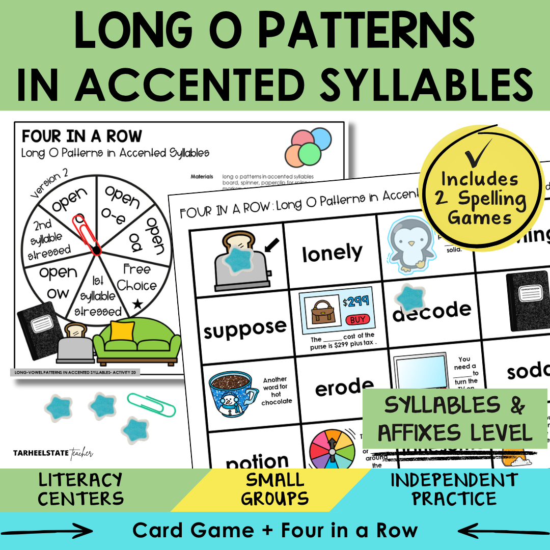 Educational materials for teaching long o patterns in accented syllables with games and activities.