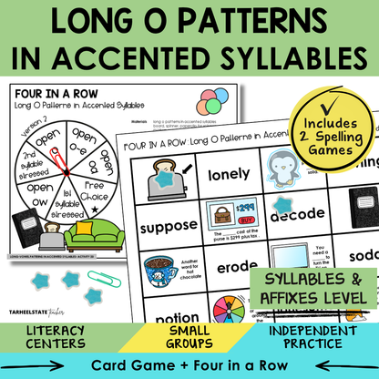 Educational materials for teaching long o patterns in accented syllables with games and activities.