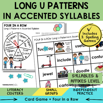 Educational materials for teaching long U patterns in accented syllables with games and activities.