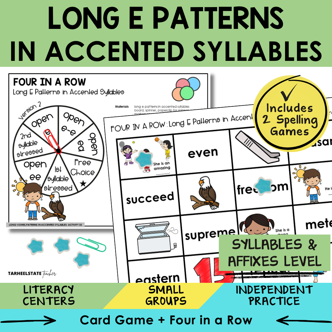 Educational materials for teaching long E patterns in accented syllables with games and activities.