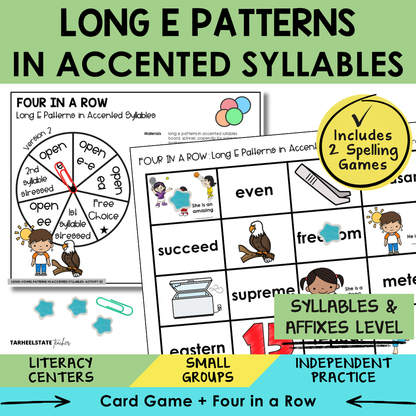 Educational materials for teaching long E patterns in accented syllables with games and activities.