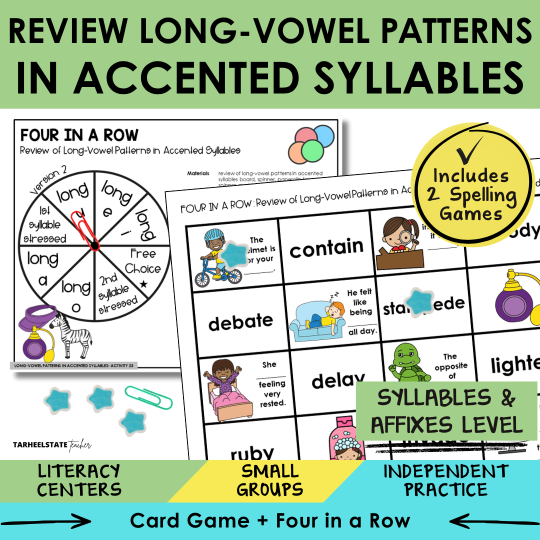 Educational materials for reviewing long-vowel patterns in accented syllables with games and activities.