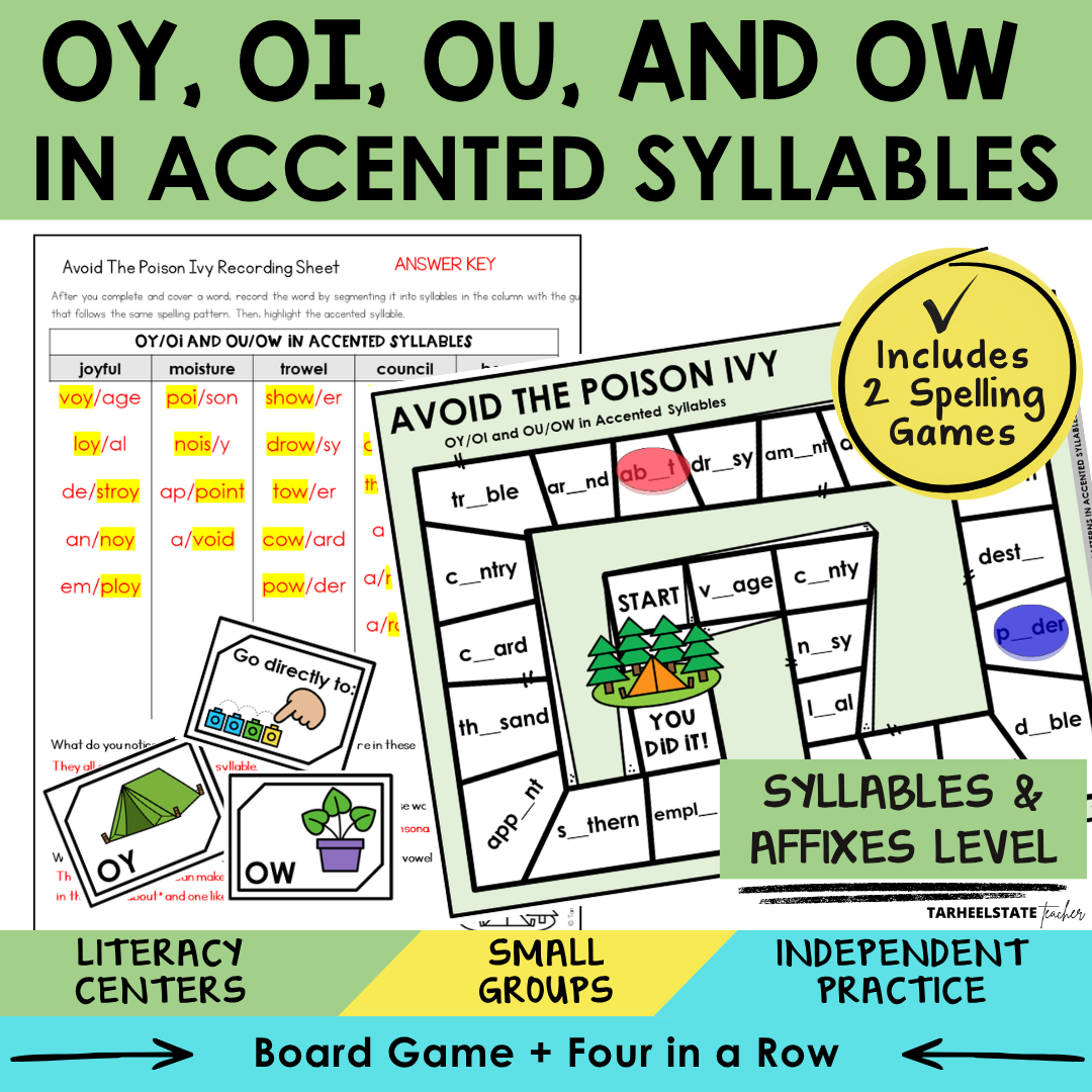 Educational materials for teaching OY, OI, OU, and OW in accented syllables with games and activities.