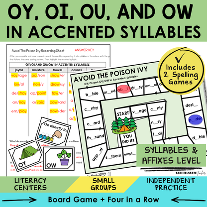 Educational materials for teaching OY, OI, OU, and OW in accented syllables with games and activities.