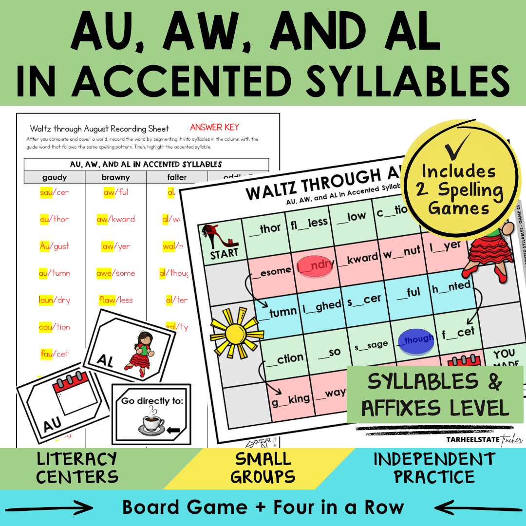Educational materials for teaching AU, AW, and AL in accented syllables with games and activities.