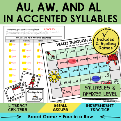Educational materials for teaching AU, AW, and AL in accented syllables with games and activities.