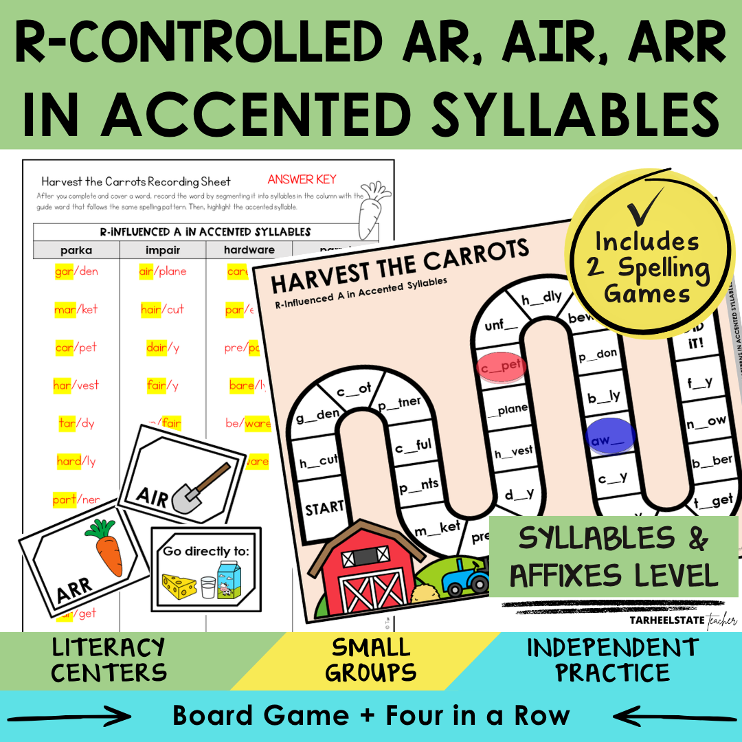 Engaging spelling game and activity for teaching R-controlled vowels AR, AIR, ARR