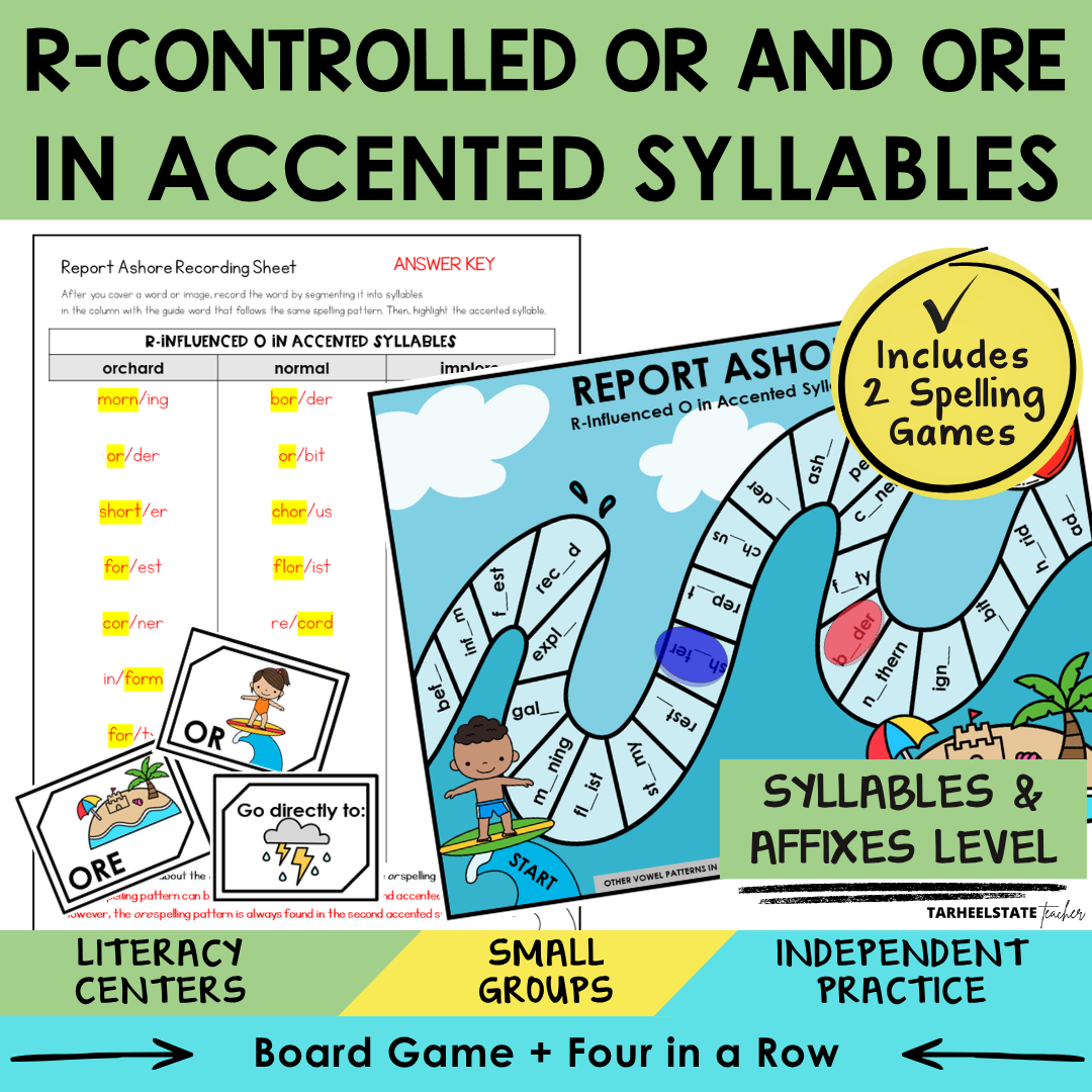 Educational materials for teaching r-controlled and ore in accented syllables with a board game and recording sheet.
