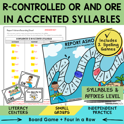 Educational materials for teaching r-controlled and ore in accented syllables with a board game and recording sheet.