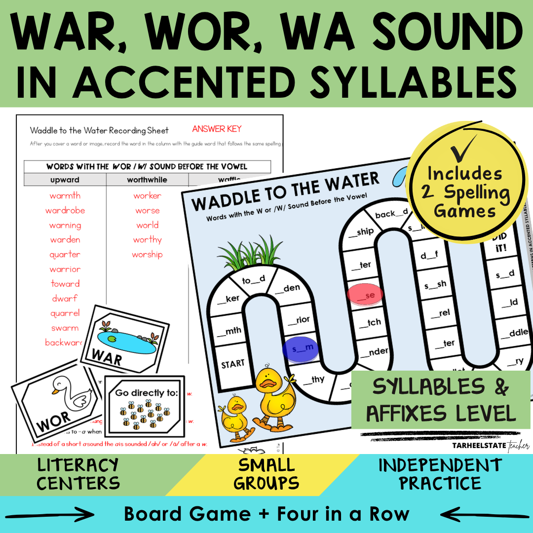 Educational materials for teaching the W, WO, WA sound in accented syllables with games and worksheets.