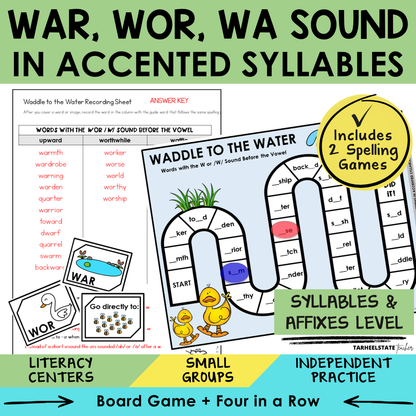 Educational materials for teaching the W, WO, WA sound in accented syllables with games and worksheets.