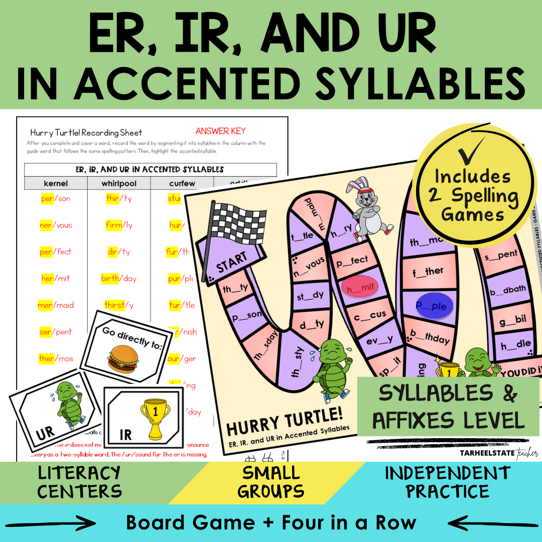 Educational game board for teaching ER, IR, and UR in accented syllables in the Syllables and Affixes stage.