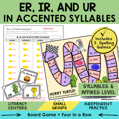 Educational game board for teaching ER, IR, and UR in accented syllables in the Syllables and Affixes stage.