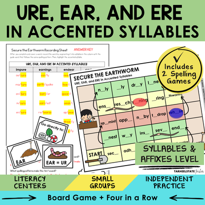 Educational materials for teaching URE, EAR, and ERE in accented syllables with games and activities.