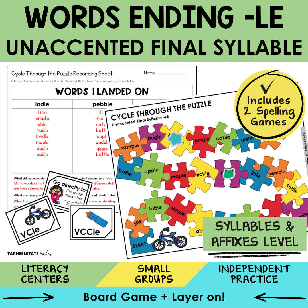 Engaging spelling game and independent activity for teaching words ending in -le.