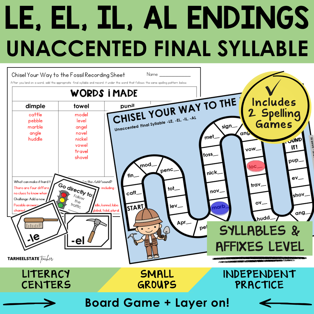 Educational materials for teaching le, el, il, al endings with a game and recording sheet.