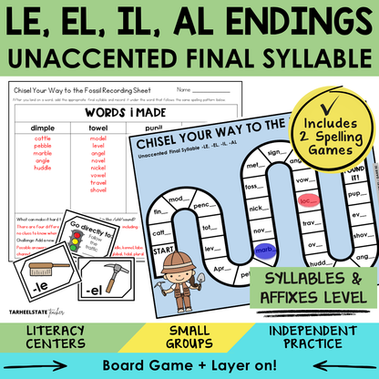 Educational materials for teaching le, el, il, al endings with a game and recording sheet.