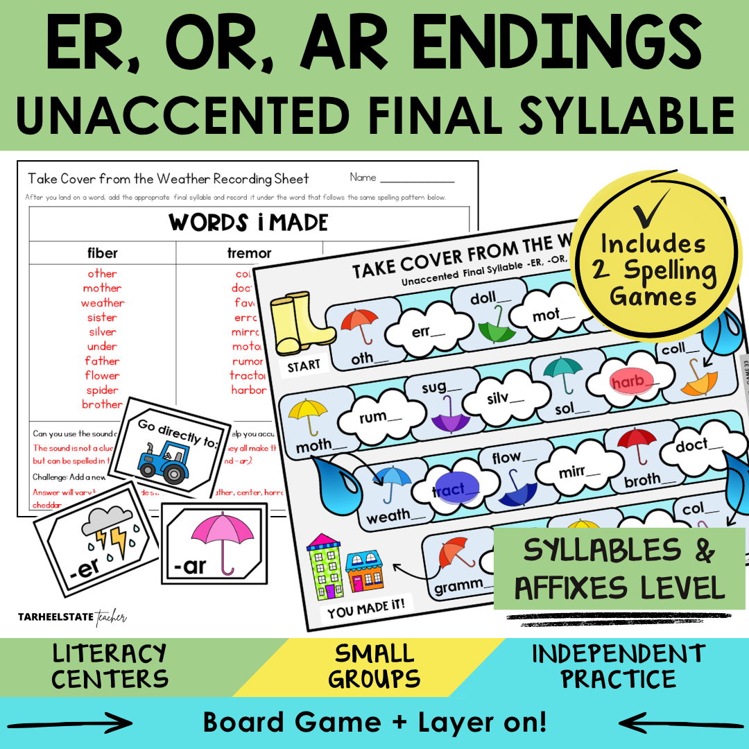 Educational materials for teaching er, or, ar endings with a focus on unaccented final syllables.