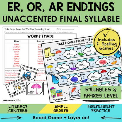 Educational materials for teaching er, or, ar endings with a focus on unaccented final syllables.