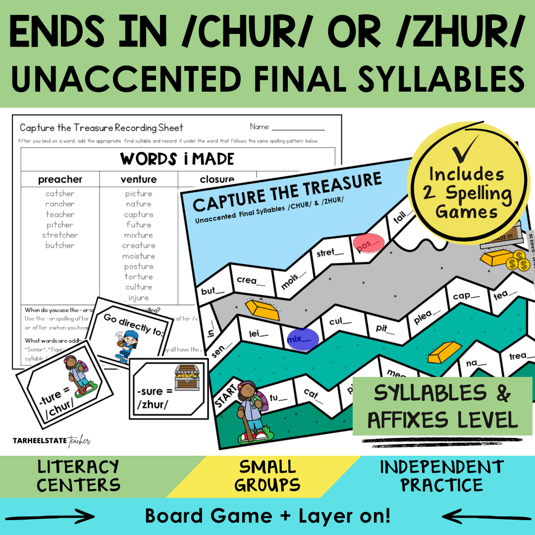 Spelling game and worksheet for teaching syllables and affixes with 'churi' or 'zhuri' endings.