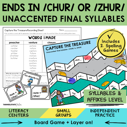 Spelling game and worksheet for teaching syllables and affixes with 'churi' or 'zhuri' endings.