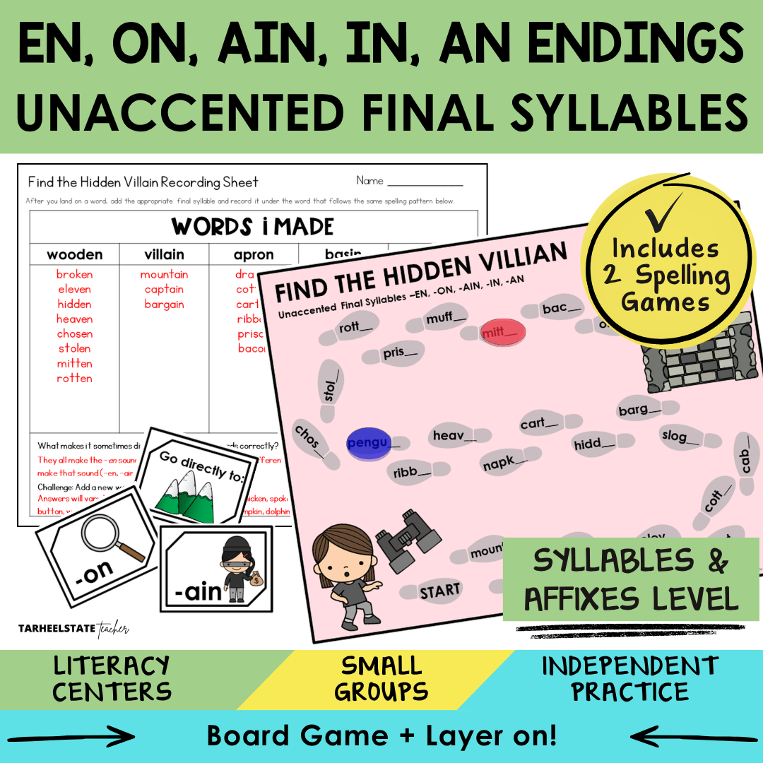 Educational materials for teaching syllables and affixes with a focus on 'en', 'on', 'ain', 'in', and 'an' endings.