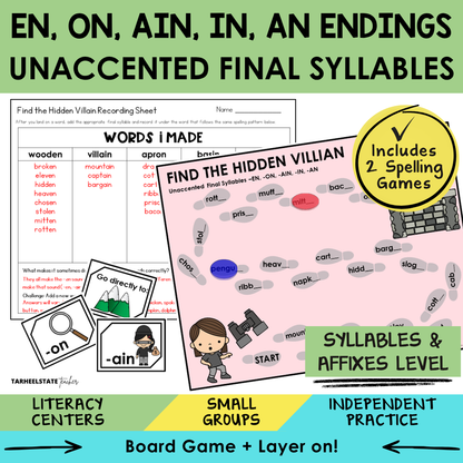 Educational materials for teaching syllables and affixes with a focus on 'en', 'on', 'ain', 'in', and 'an' endings.