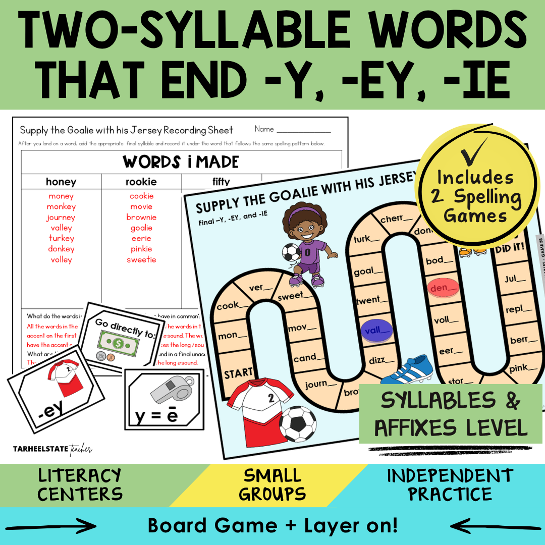 Educational materials for teaching two-syllable words ending in -y, -ey, and -ie with a board game and spelling games.