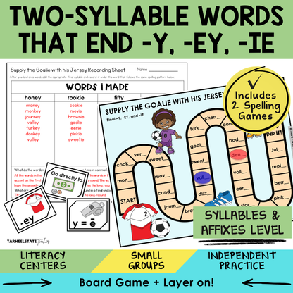 Educational materials for teaching two-syllable words ending in -y, -ey, and -ie with a board game and spelling games.