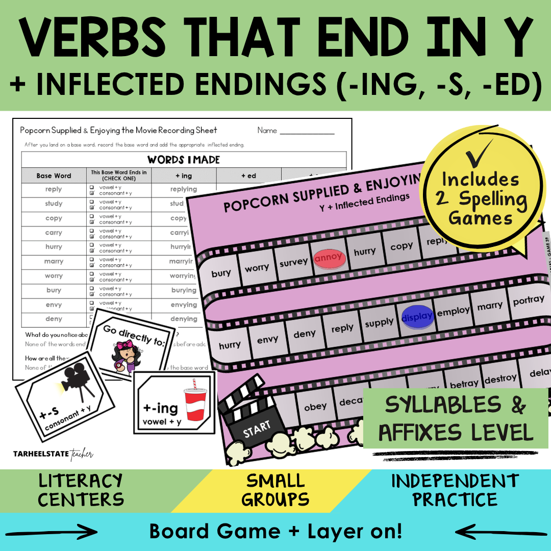 Educational materials for teaching verbs ending in y and inflected endings, including worksheets and games.