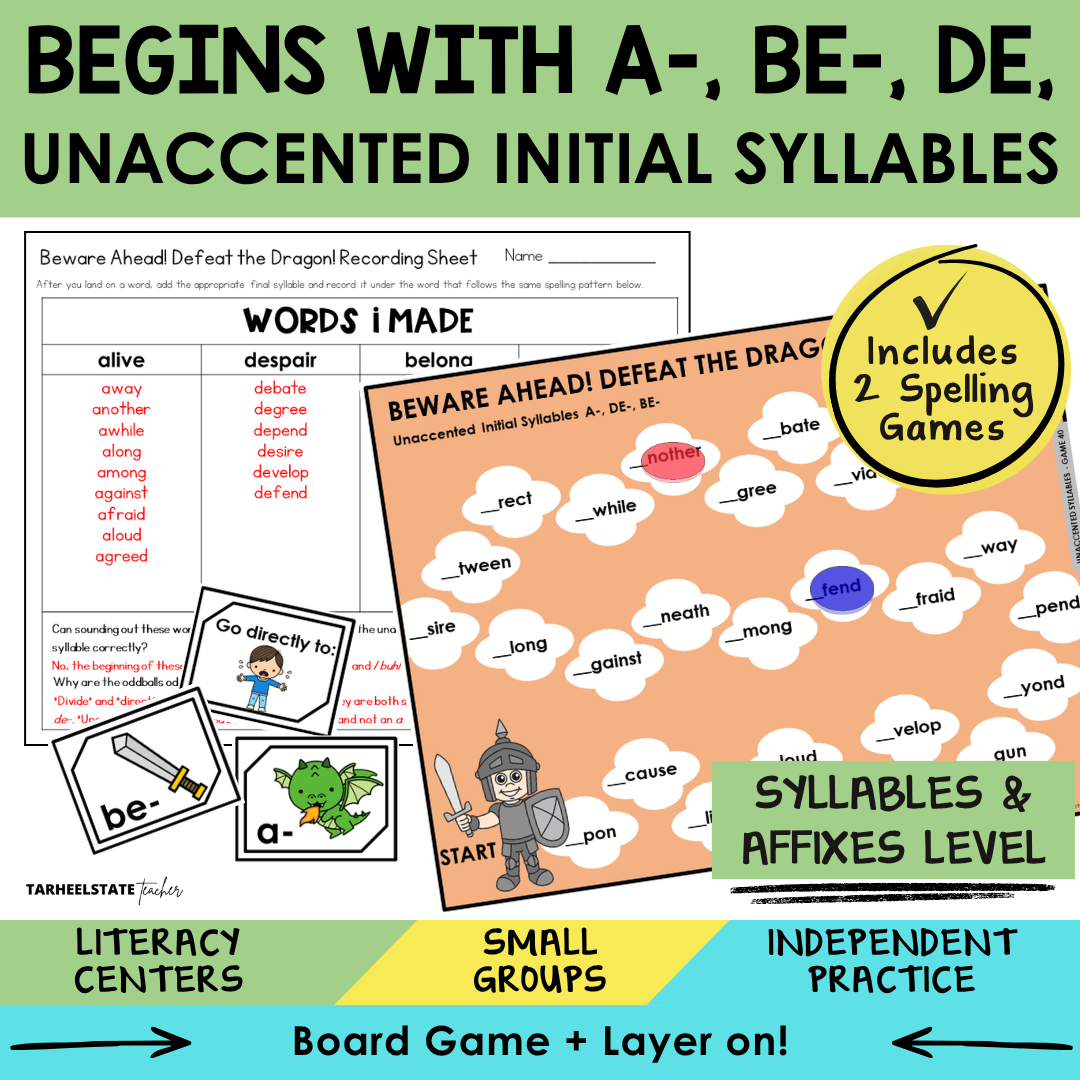 Educational materials for teaching unaccented initial syllables (words that start with A, BE, and DE) in the Syllables and Affixes stage.