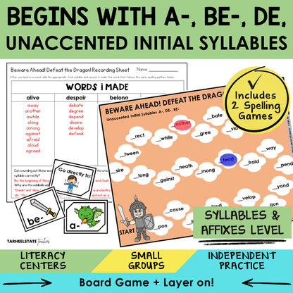 Educational materials for teaching unaccented initial syllables (words that start with A, BE, and DE) in the Syllables and Affixes stage.