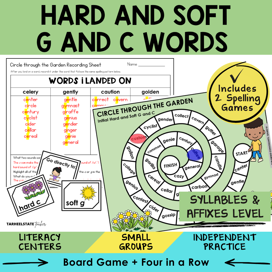 Educational materials for teaching hard and soft 'g' and 'c' words with a game board and cards.