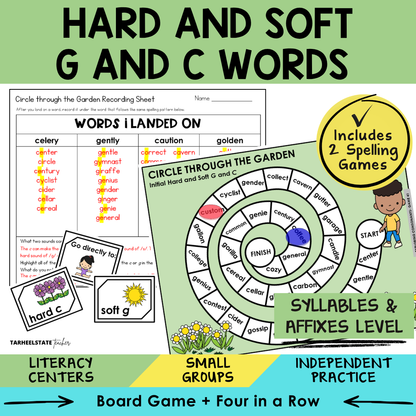 Educational materials for teaching hard and soft 'g' and 'c' words with a game board and cards.