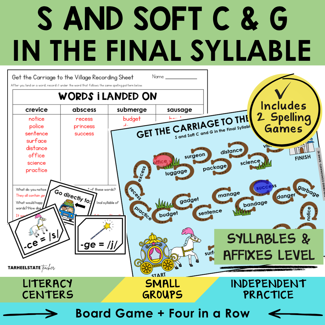Educational materials for teaching 's' and 'soft c & g' in the final syllable with games and worksheets.