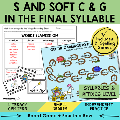 Educational materials for teaching 's' and 'soft c & g' in the final syllable with games and worksheets.