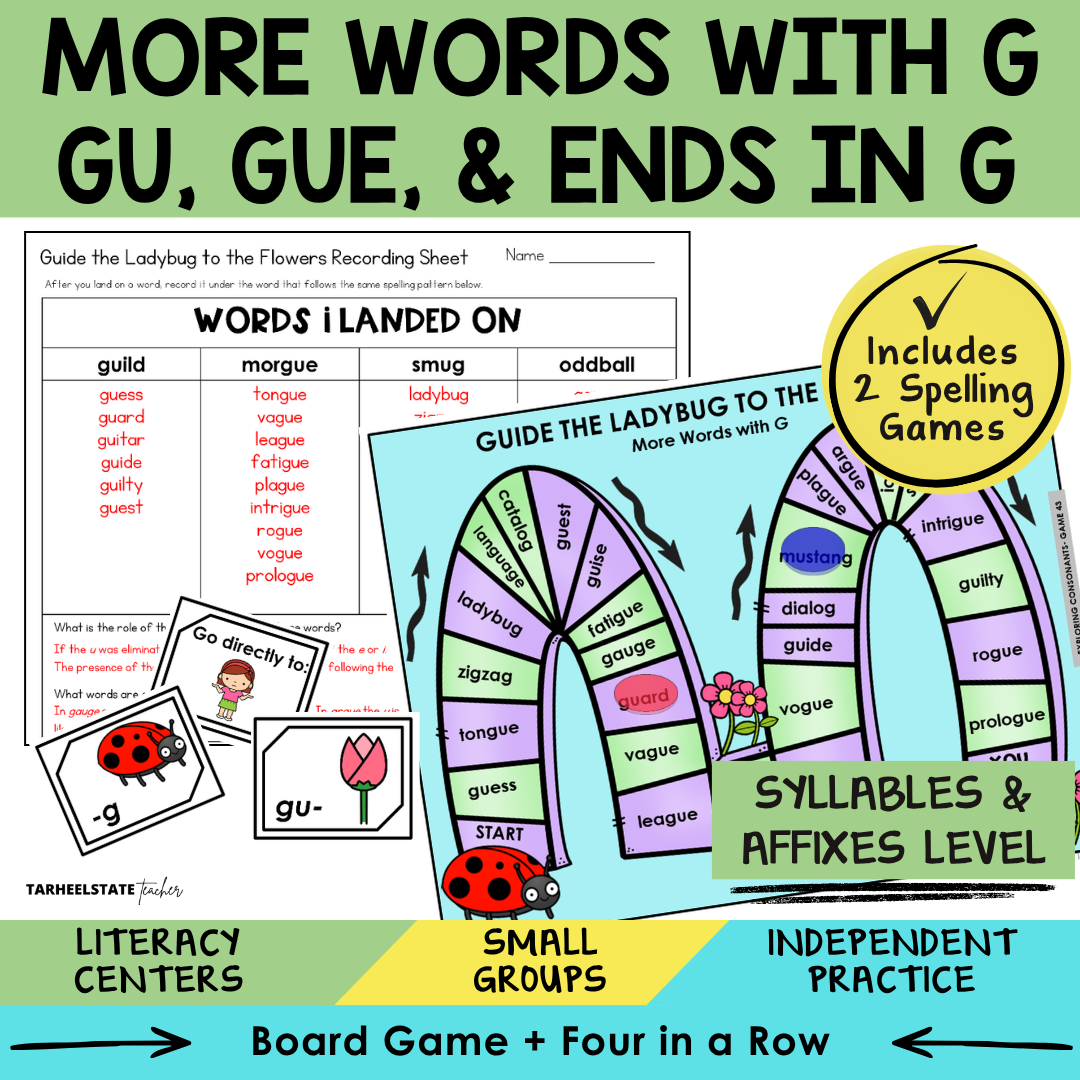 Educational materials for teaching spelling with words ending in 'g', 'gu', and 'gue'.